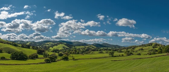 Fototapeta premium The Rolling Green Hills Under a Bright Blue Sky With Fluffy White Clouds