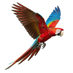 Fototapeta premium Scarlet macaw parrot flying with wings spread isolated on transparent background
