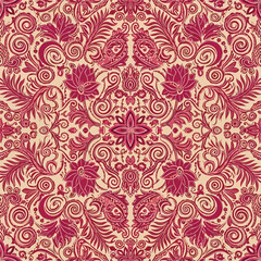 Seamless Pattern, Ornate floral pattern with paisley and lotus elements in crimson and beige hues Stock royalty free
