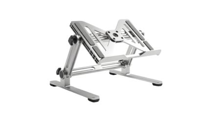 Adjustable aluminum laptop stand isolated on white background, minimal and realistic.