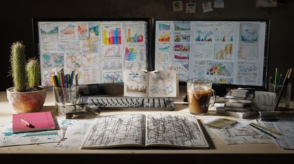 A messy desk filled with notebooks, charts, maps, and data visualizations on dual monitors for data analysis and research. A chaotic workflow