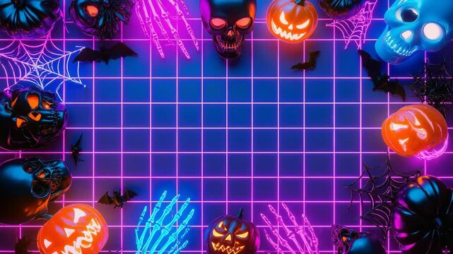 Halloween pumpkins, skulls, and skeleton hands frame a neon grid background.
