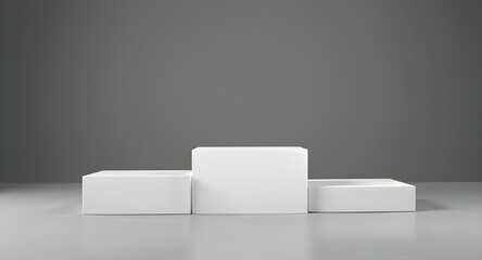 Minimalist podium scene featuring three white empty platforms or stages arranged in a row for product advertising or presentation