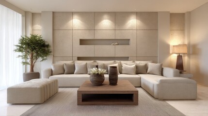 hollywood glam living room full view, beige sofa, dry clay niche wall, light minimal composition, ambient warm light