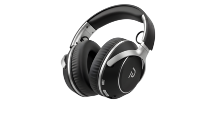 Premium noise-cancelling headphones floating on white background, realistic and focused.