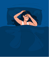 Stressed woman suffering from insomnia lying in bed at night