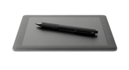 Digital graphic drawing tablet with pen isolated on white background, sharp and minimal.