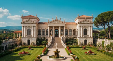 Obraz premium Italian Renaissance Villa with Grand Staircase, Marble Statues and Formal Garden in Tuscany
