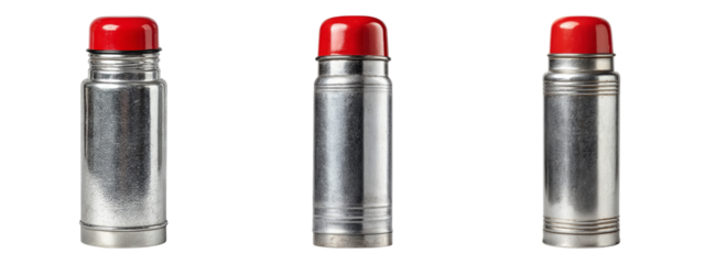 Set of three isolated metal thermos flasks on transparent background