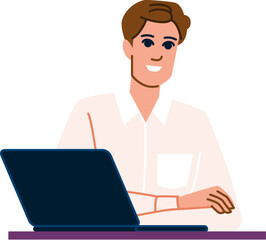 Smiling businessman working with laptop at desk