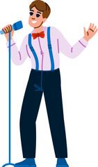 Young stylish singer performing with microphone and greeting public