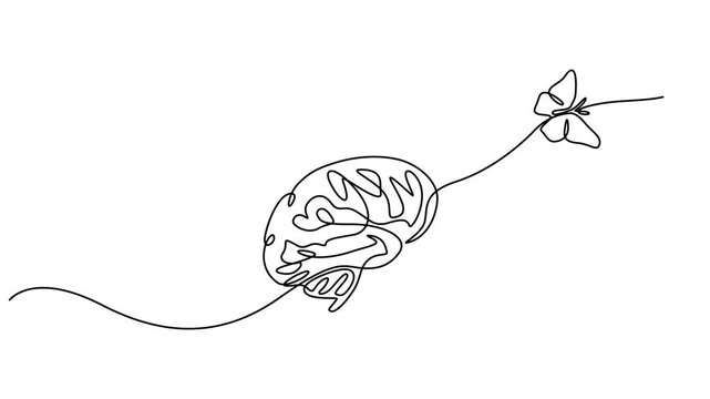 brain with butterfly animation continuous one line drawing, Animated self drawing of continuous line draw human brain. Full length one line animation. 4K, Butterfly continuous line animation. Minimal.