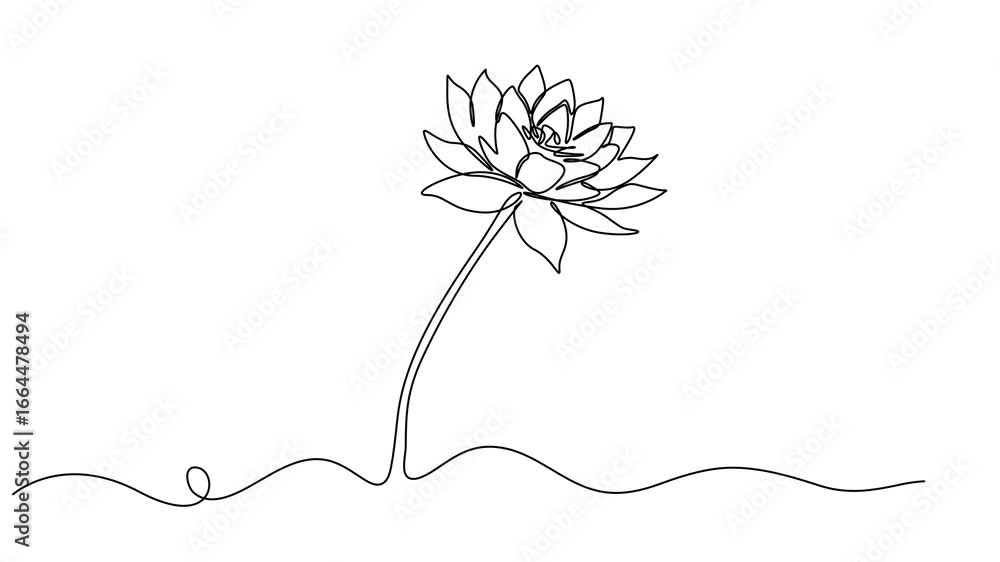 Poster lotus, water lily. one line drawing animation with alpha channel, animated self drawing of continuou