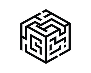Monochrome isometric cube with maze pattern. Geometric shape, puzzle, vector design element.