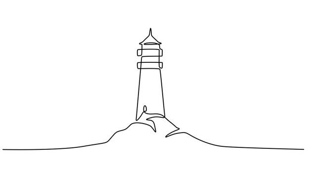 abstract lighthouse. Self drawing animation one continuous line draw, logo, Lighthouse on the coast. Self drawing simple animation one continuous line. Line art doodle draw hand. Concept minimal pro.