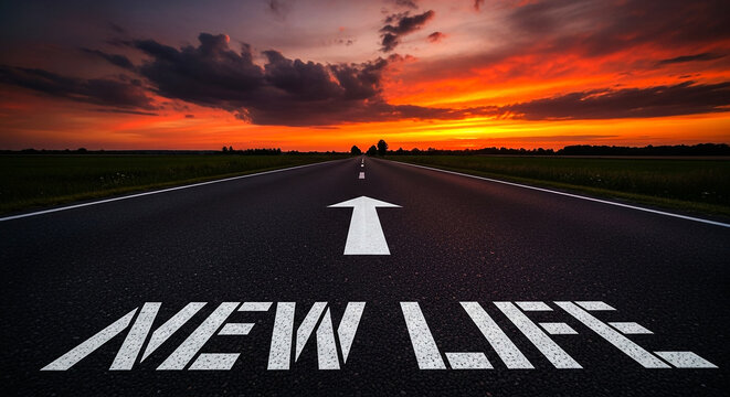 Inspiring open road to new life under a dramatic sunset sky symbolizing hope and fresh beginnings