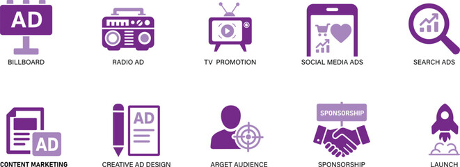 A professional vector icon set for digital marketing. Features icons for billboards, social media ads, content marketing, and sponsorships, with a clean and modern design.