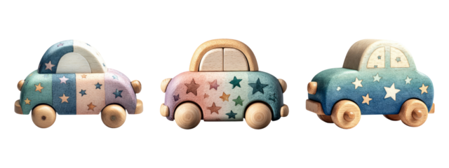 Colorful Wooden Toy Cars on Transparent Background for Kids