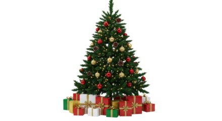 Classic green fir Christmas tree, richly adorned with red and gold ornaments, pinecones, and warm lights, surrounded by elegant gifts on a white studio background, concept of holiday success