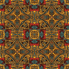 Seamless Pattern, Ornate seamless pattern with a symmetrical geometric design in warm colors Stock royalty free