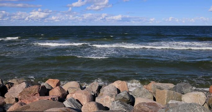 Gdansk Poland Baltic Sea rock beach WW II. Baltic coast of northern Poland. World War II started here with German invasion. Economic international port. Historical buildings, tourism.