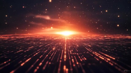 Futuristic Cityscape at Sunset with Glowing Lines and Particles - Powered by Adobe