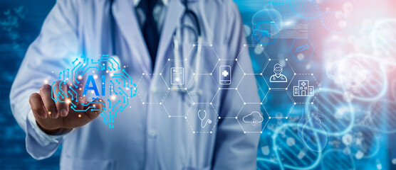 Doctor using AI technology for healthcare innovation, artificial intelligence in medical diagnosis, patient treatment, and digital health management.