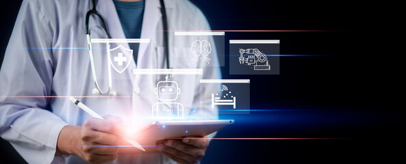 Plakat Doctor using tablet with AI healthcare icons, artificial intelligence technology in medicine for patient care, diagnosis, and hospital management.