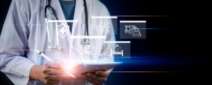Doctor using tablet with AI healthcare icons, artificial intelligence technology in medicine for patient care, diagnosis, and hospital management.