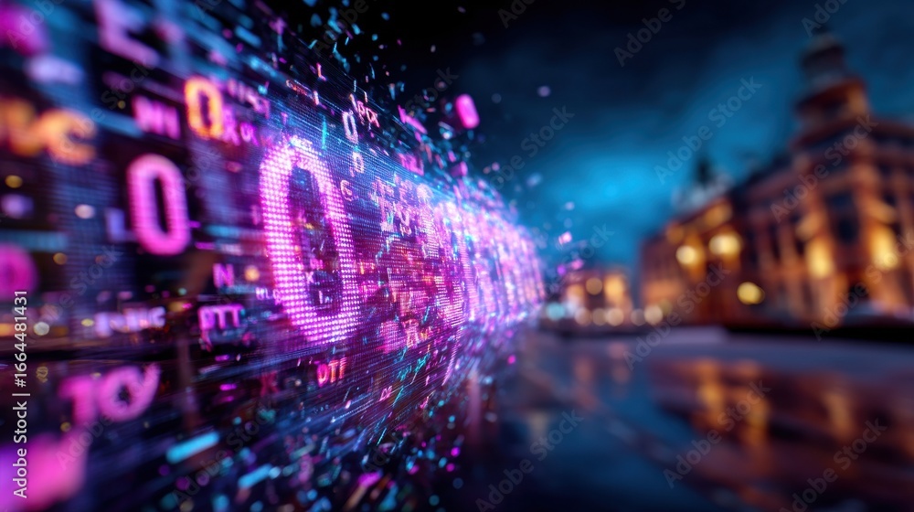 Poster a vibrant digital scene with colorful data streams and abstract patterns, depicting the fusion of te