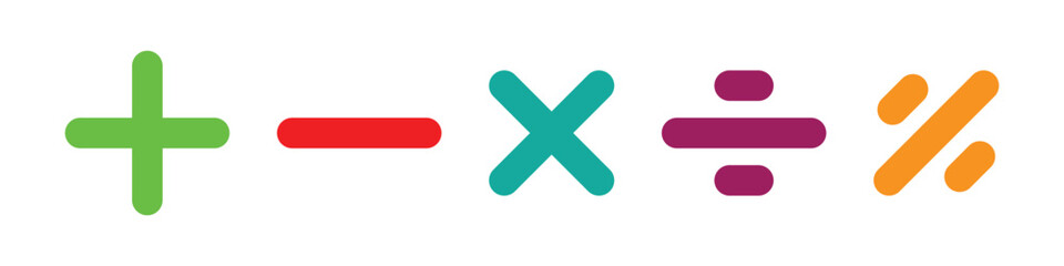 Obraz premium Vector plus and minus icons set. Plus icon, Minus icon, Multiply icon, Divide icon on isolated white background. Vector isolated icons. Eps symbol pack. isolated vector icons pack. EPS 10.