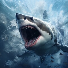 Great White Shark Jaws Wide Open in Ocean Waters, Underwater Predator Ready to Attack.