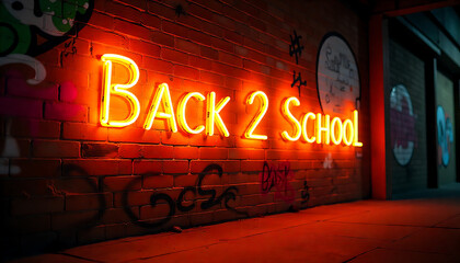 A neon sign “Back 2 School” on a brick wall, 4K and HD image.