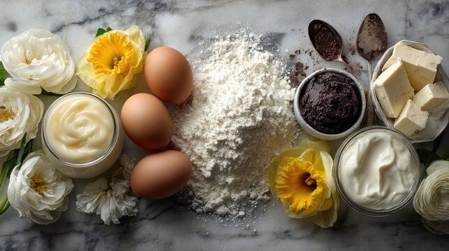 Baking ingredients arranged on marble