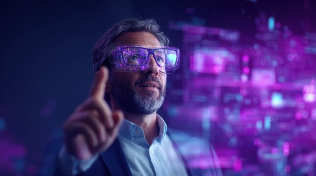 A man wearing futuristic glasses gestures toward vibrant digital data projections, indicating a blend of technology and innovation. - Powered by Adobe