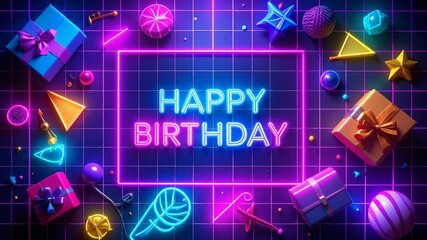 Vibrant neon happy birthday sign glowing on a dark grid background, surrounded by colorful gifts. - Powered by Adobe