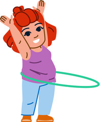 Obraz premium Redhead woman rotating hula hoop and raising arms, exercising for weight loss