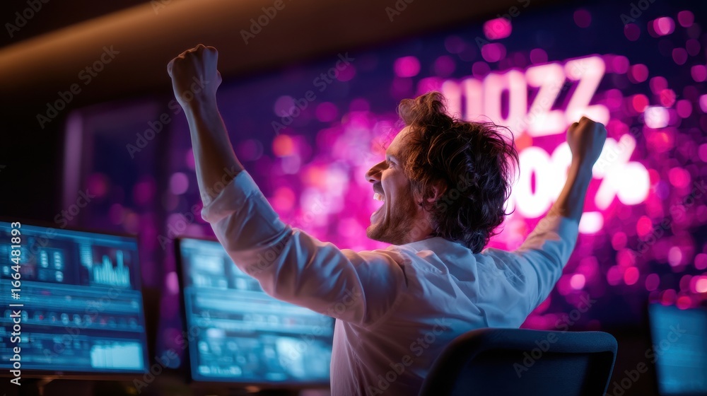Poster a joyful person celebrates success in front of multiple screens displaying data and vibrant graphics