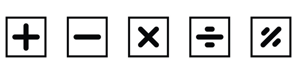 Obraz premium Vector plus and minus icons set. Black plus icon, Minus icon, Multiply icon, Divide icon on isolated white background. Vector isolated icons. Eps symbol pack. Modern isolated icons. 