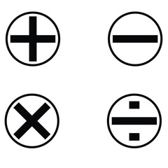 Fototapeta premium Vector plus and minus icons set. Black plus icon, Minus icon, Multiply icon, Divide icon on isolated white background. Vector isolated icons. Eps symbol pack. Modern isolated icons. 
