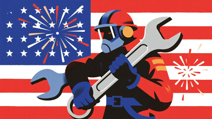Skilled tradesperson with wrench against American flag and fireworks celebrates labor and patriotism with industrial pride and explosive energy