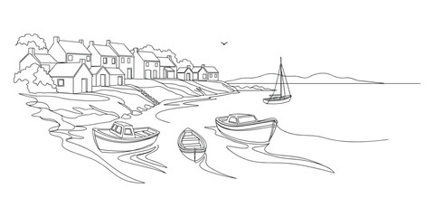Fototapeta premium Black and white vector illustration of a coastal village scene with boats on the shoreline, and bird silhouette.