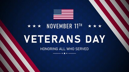 Veterans Day animation with American flag and bold typography on a patriotic blue background. Tribute design honoring all who served with respect and gratitude on November 11th. - Powered by Adobe