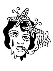 Fototapeta premium Melting woman's face with moths and cigarette illustration
