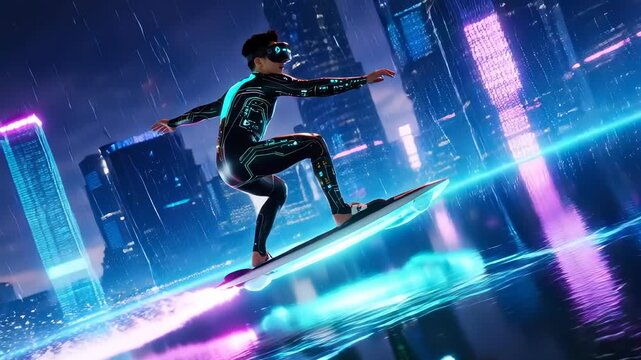 Futuristic Cityscape: Young Adult Caucasian Male Hoverboarding in Neon Lights