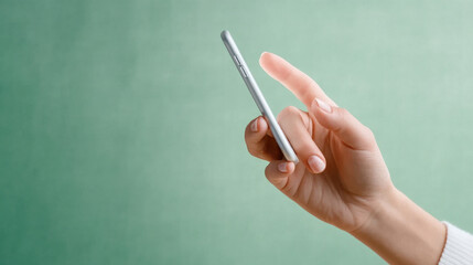 A hand holds a smartphone, pointing at the screen, set against a soft green background.
