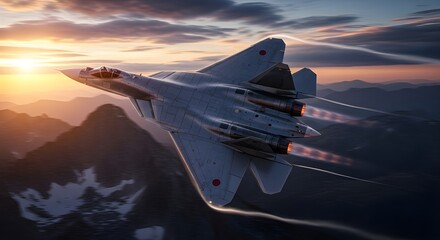  Stealth Fighter Jet Soaring Through a Mountain Range at Sunset