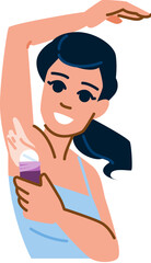 Woman applying roll on deodorant or antiperspirant stick for body hygiene and odor control