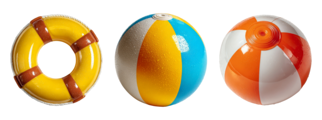 Colorful Beach Balls and Lifebuoy Isolated on Transparent Background