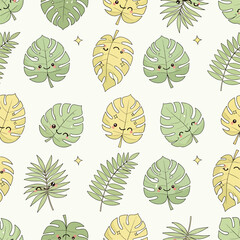 Seamless Pattern, Cute tropical leaves with kawaii faces in a seamless repeat pattern design Stock royalty free image.